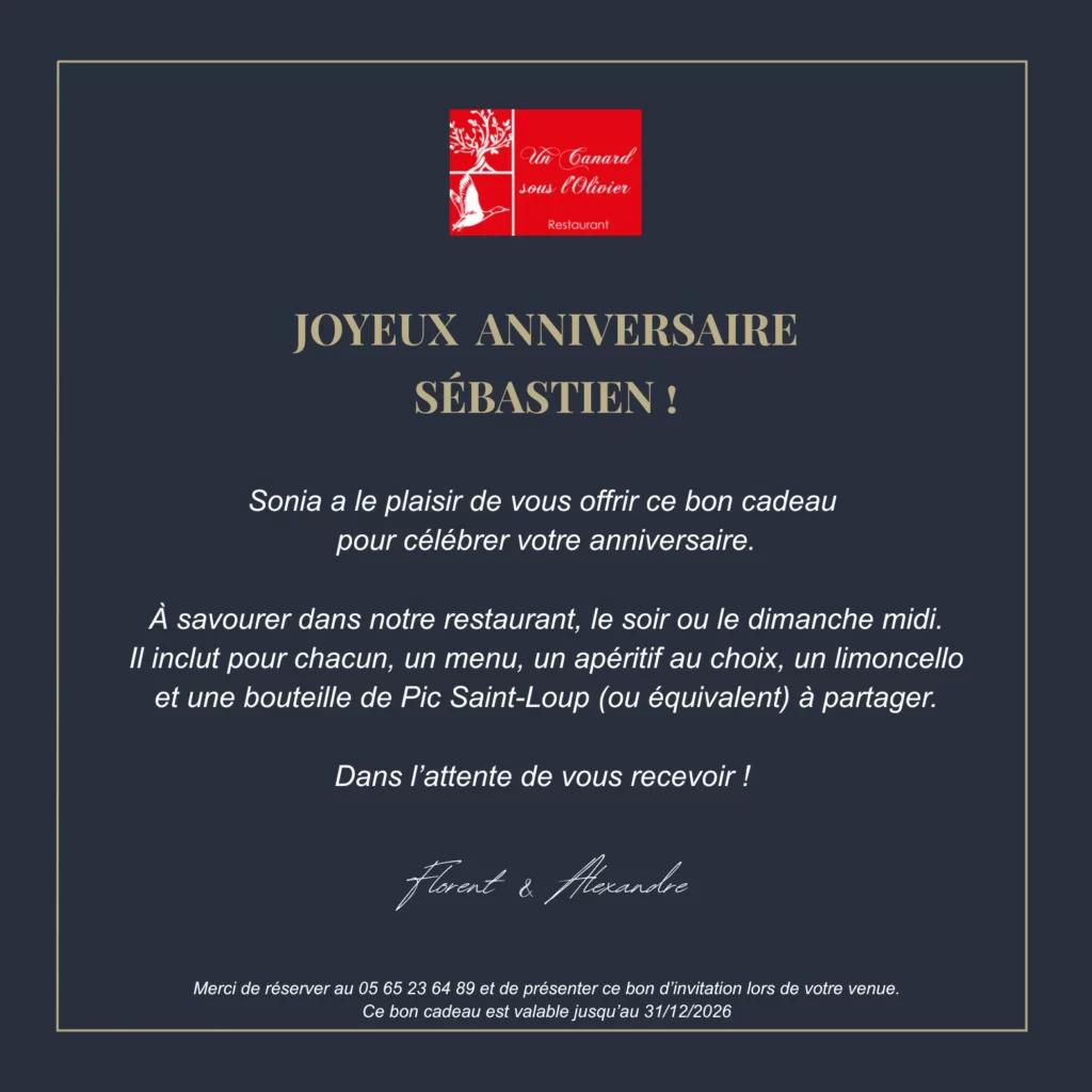 BON CADEAU RESTAURANT CAHORS UN CANARD SOUS L'OLIVIER